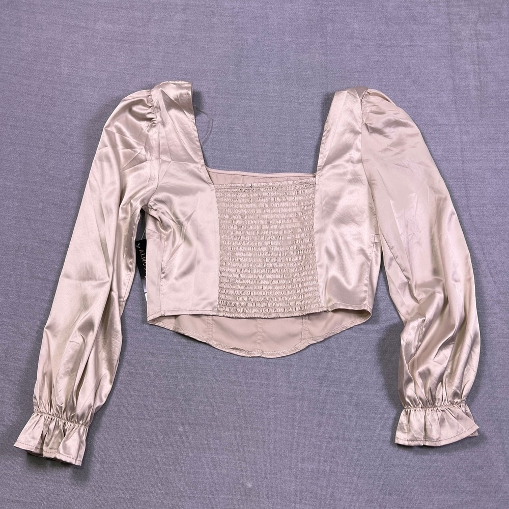 Almost Famous Corset Smock Long Sleeve Square Neck Crop Top Womens MD Champagne